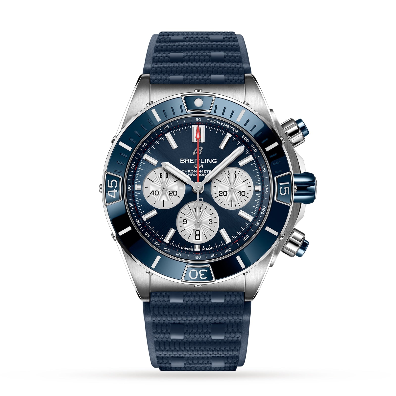 The Breitling Super Chronomat B01 44 features a blue and silver case, three subdials, a blue bezel, and a textured blue rubber strap, displayed against a white background.