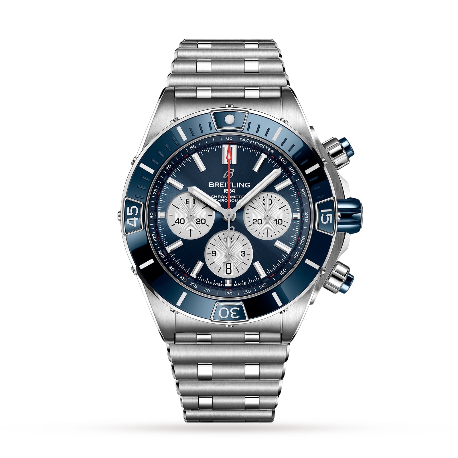 The Breitling Super Chronomat B01 44 is a stainless steel mechanical chronograph wristwatch with a blue bezel, blue dial, three subdials, and a metal bracelet, shown on a white background.