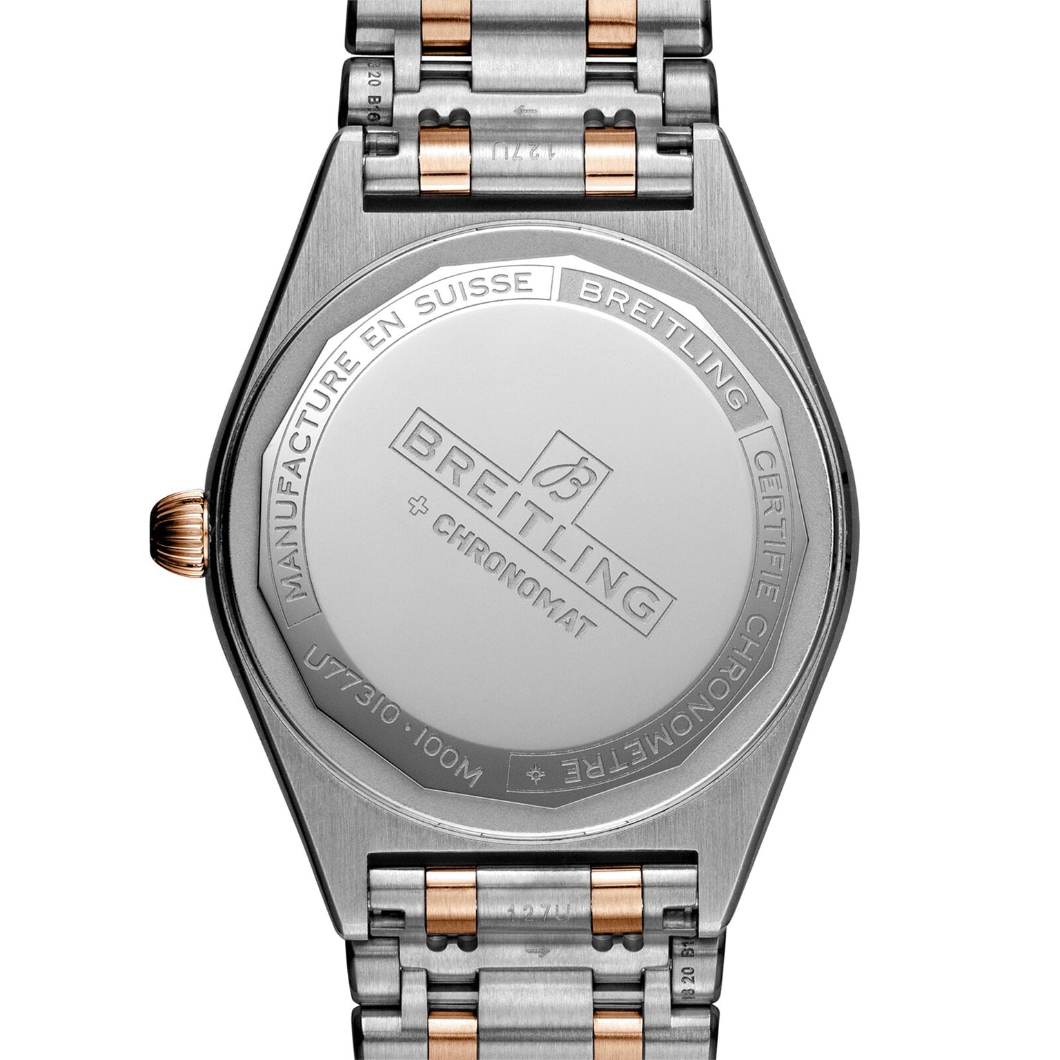 The back of the Breitling Chronomat 32 watch displays engraved branding, model details, and a two-tone metal bracelet—a refined timepiece that highlights the Chronomat 32’s iconic style and precision.