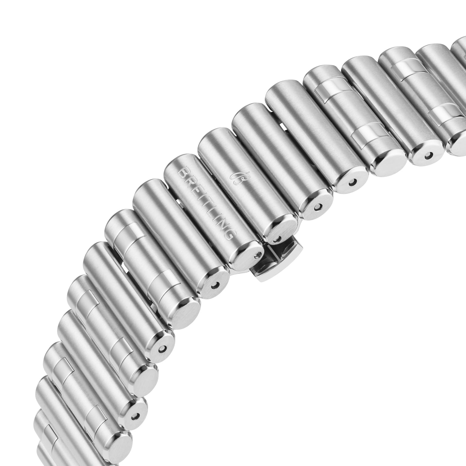 Close-up view of the Breitling Chronomat B01 42 stainless steel bracelet, showcasing cylindrical links and the engraved Breitling name on the clasp.