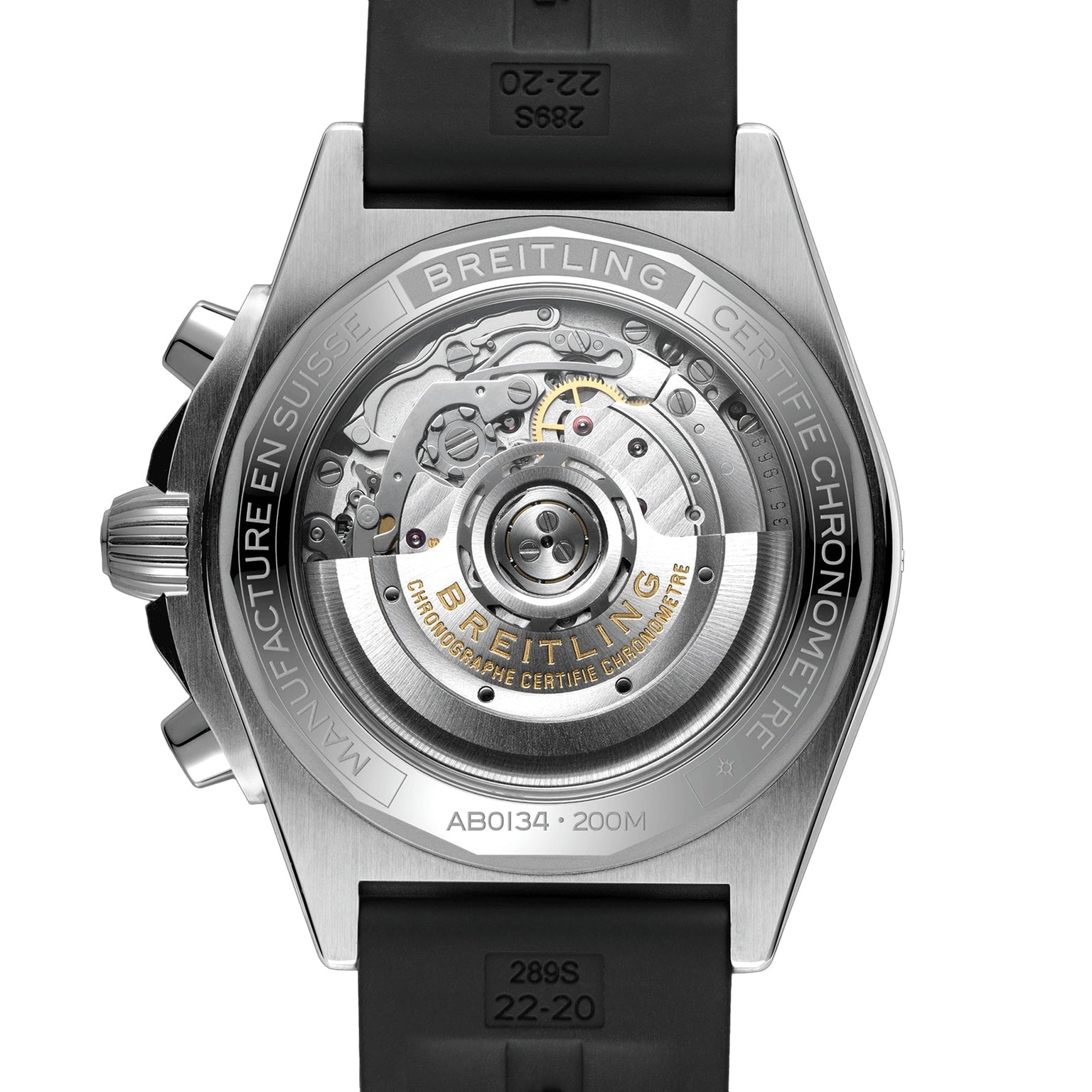 Close-up of the Breitling Chronomat B01 42, highlighting its mechanical movement through a transparent caseback with detailed engravings and a stainless steel case, shown on a black strap.
