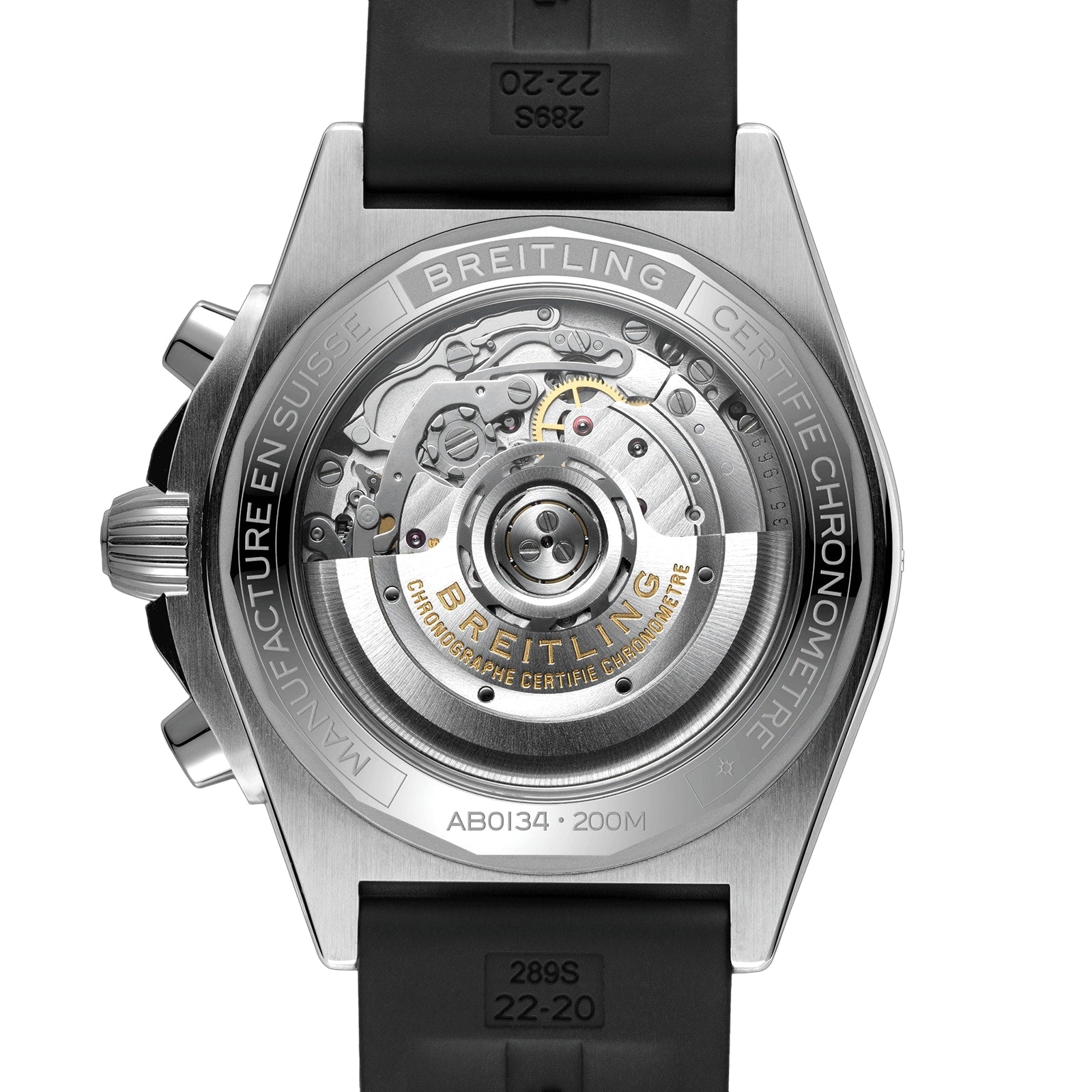 Close-up of the Breitling Chronomat B01 42, highlighting its mechanical movement through a transparent caseback with detailed engravings and a stainless steel case, shown on a black strap.