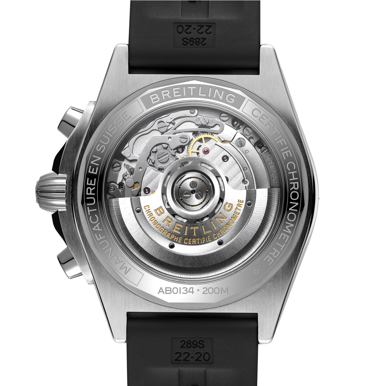 The back of the Breitling Chronomat B01 42 showcases its COSC-certified Breitling 01 calibre automatic movement and features a black rubber strap.