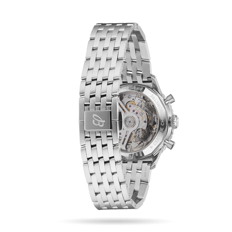 The Breitling Navitimer B01 Chronograph 41 features a stainless steel case, visible automatic movement through a transparent case back, engraved clasp, and a multi-link bracelet inspired by the classic Navitimer design.