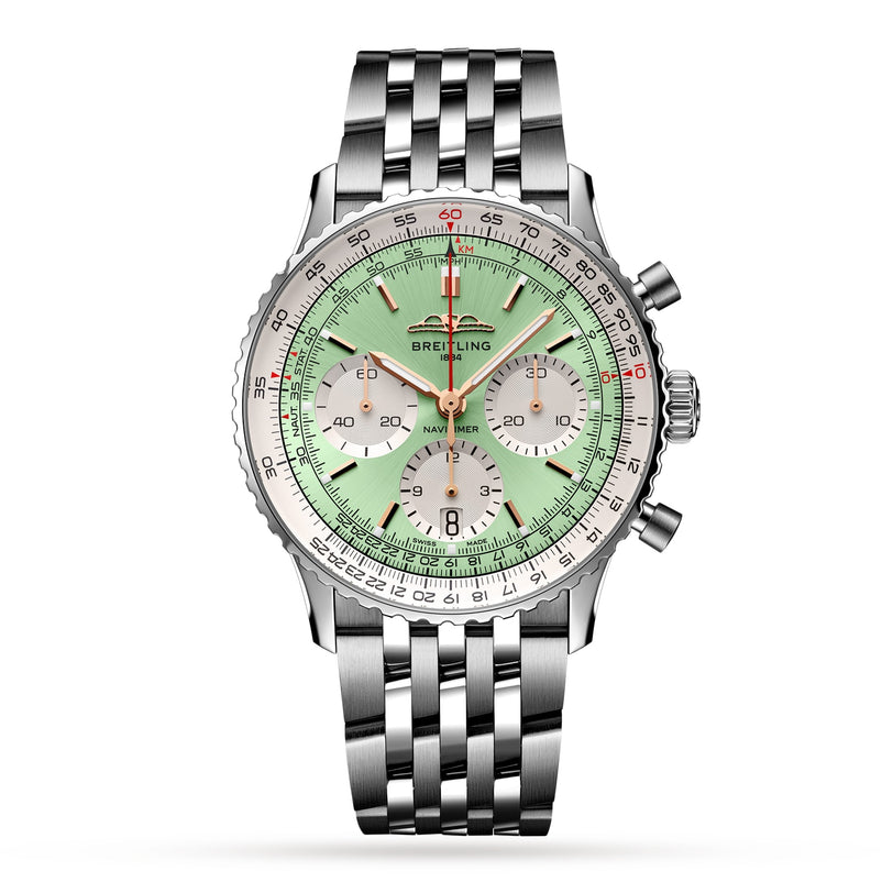 The Breitling Navitimer B01 Chronograph 41 features a stainless steel case, mint green dial with chronograph subdials and date window, and a silver metal bracelet, shown against a white background.