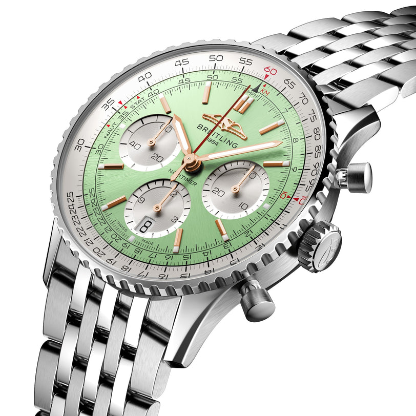 The Breitling Navitimer B01 Chronograph 41 features a stainless steel case, mint green dial with three subdials and date window, plus a silver link bracelet—perfect for fans of the classic pilots watch style.