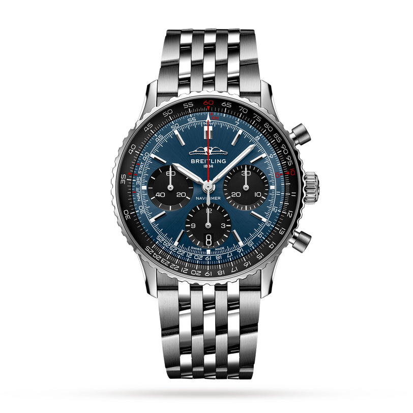 A Breitling Navitimer B01 Chronograph 41 in stainless steel with a blue dial, three black subdials, and a metal link bracelet, displayed against a plain white background.