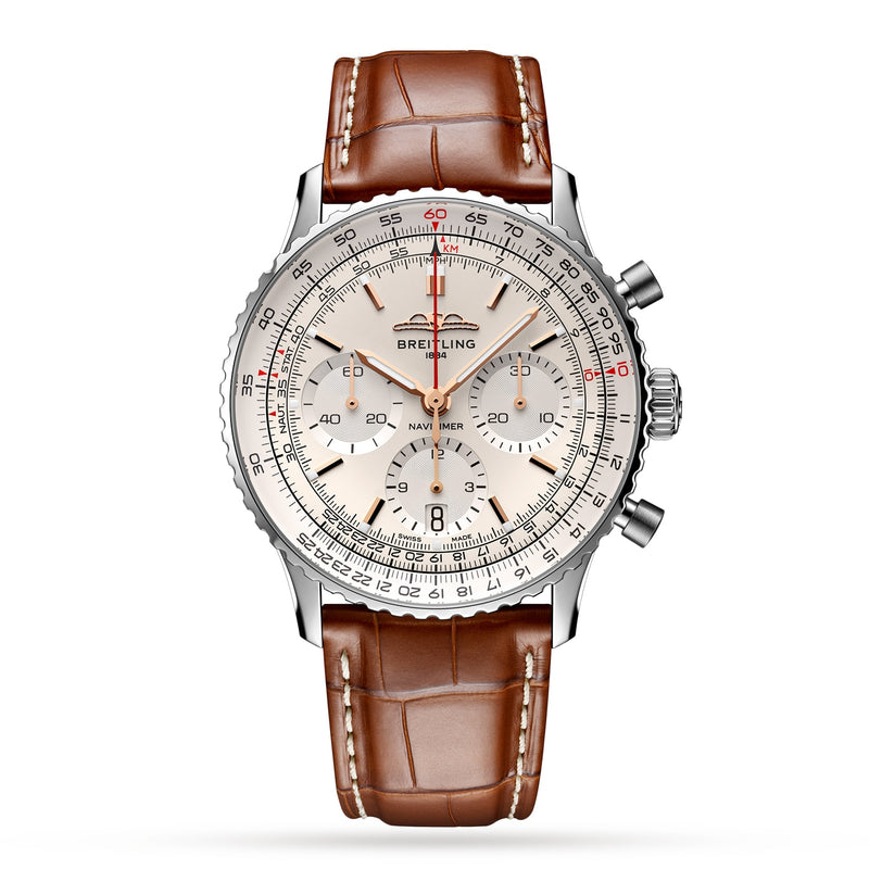 The Breitling Navitimer B01 Chronograph 41 features a silver case, white dial with three subdials, and a brown leather strap.
