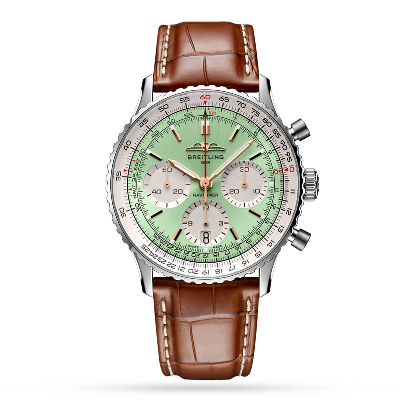 A Breitling Navitimer B01 Chronograph 41 wristwatch with a silver case, mint green dial, three subdials, and a brown leather strap, displayed on a white background.