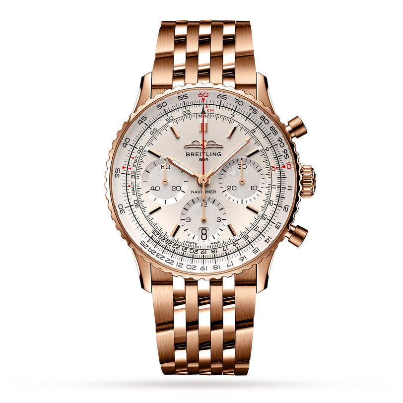 The Breitling Navitimer B01 Chronograph 41 is a rose gold watch with a link bracelet, silver dial, three subdials, red accents on the chronograph hand and scale, and is powered by the precise Breitling 01 calibre.