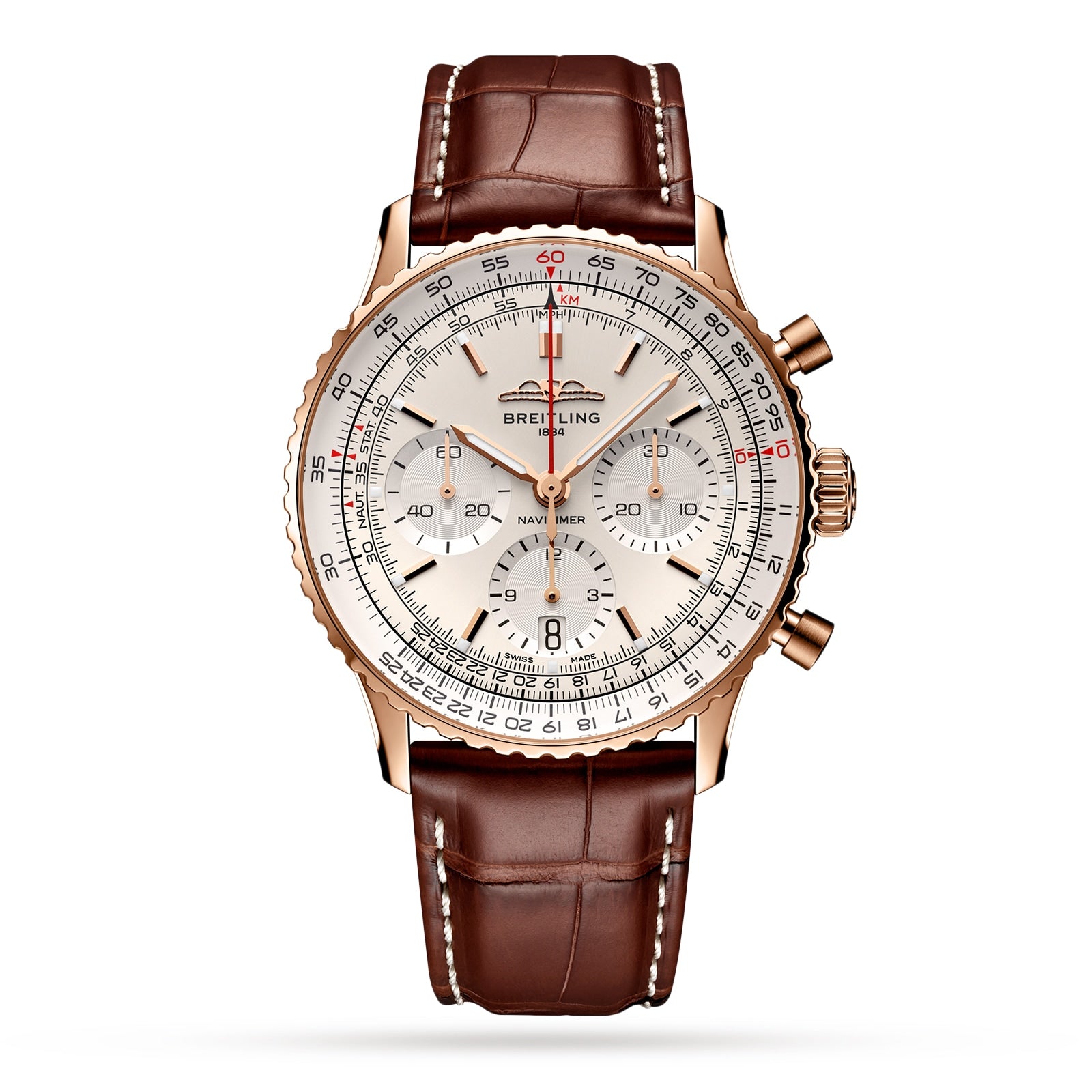 The Breitling Navitimer B01 Chronograph 41 features a white dial with three subdials, a gold case, brown leather strap, visible right-side pushers, and is powered by the renowned Breitling 01 calibre movement.