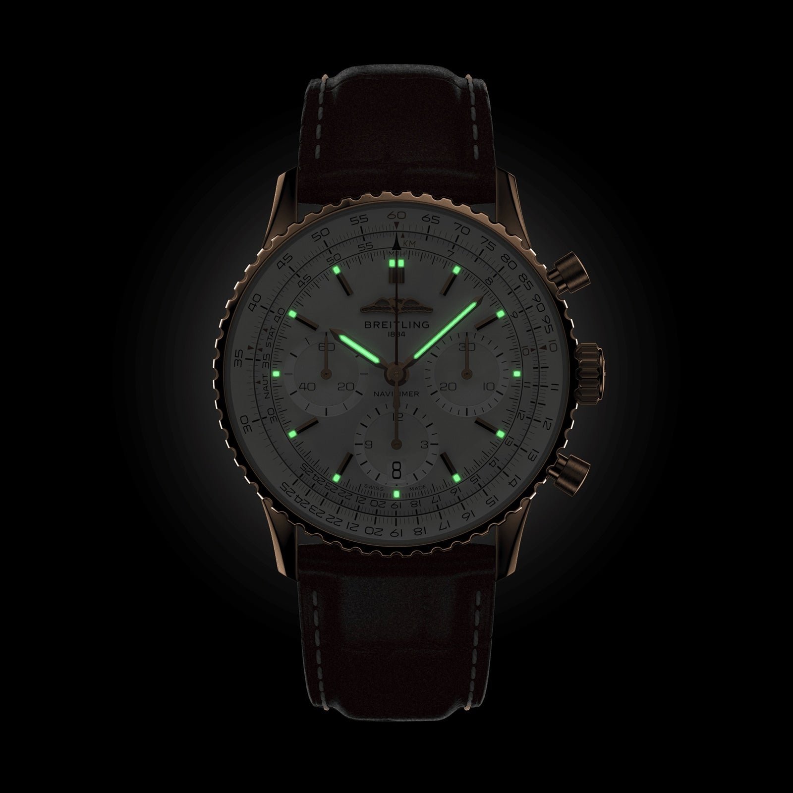 The Breitling Navitimer B01 Chronograph 41, featuring a dark leather strap and luminous green hour markers and hands, is displayed against a black background—an iconic pilot’s watch celebrated for precision and timeless style.