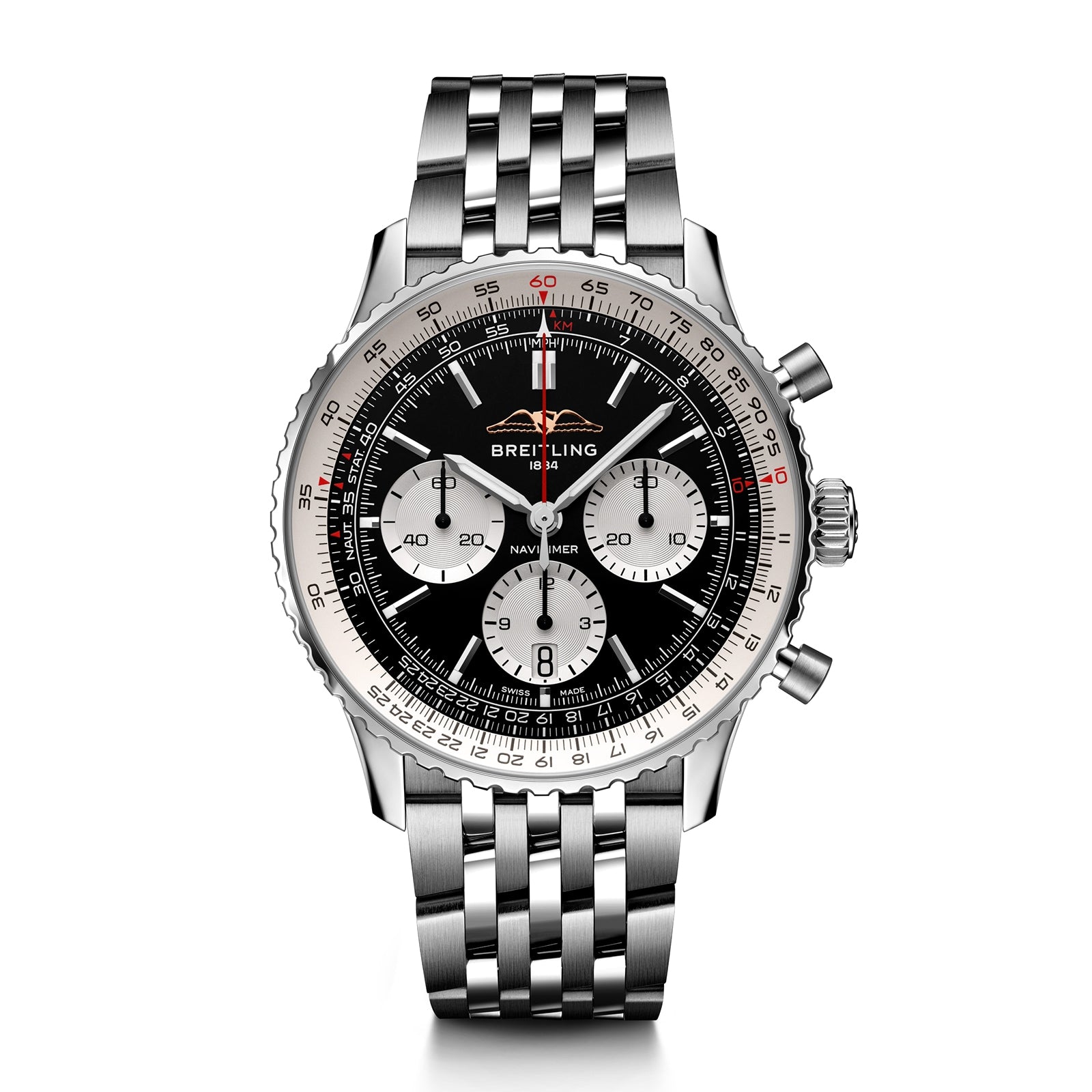 Breitling Navitimer B01 Chronograph 43: stainless steel wristwatch featuring a black dial, three subdials, date window at 6 o’clock, and a link bracelet.