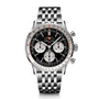 Breitling Navitimer B01 Chronograph 43: stainless steel wristwatch featuring a black dial, three subdials, date window at 6 o’clock, and a link bracelet.