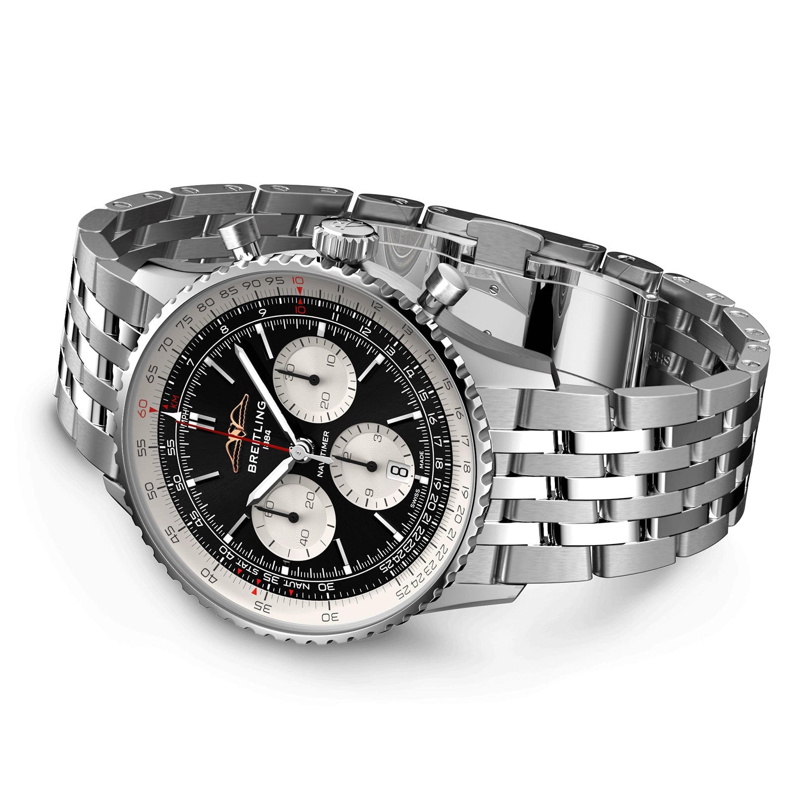 The Breitling Navitimer B01 Chronograph 43 is a stainless steel watch with a black dial, three white subdials, and a metal link bracelet, inspired by the classic Navitimer and shown at an angle.