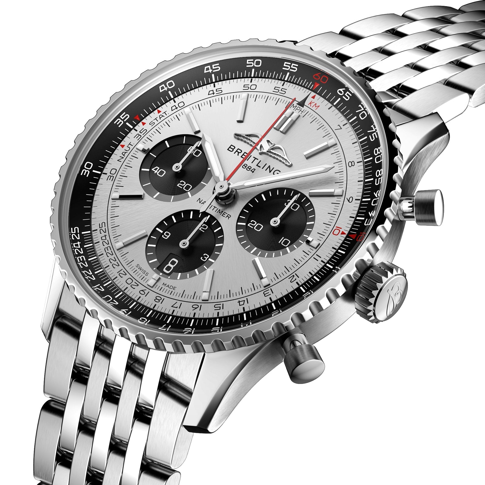 A close-up of the Breitling Navitimer B01 Chronograph 43, a silver wristwatch with a stainless steel band, three black subdials, a bezel tachymeter scale, and powered by the Breitling 01 calibre.