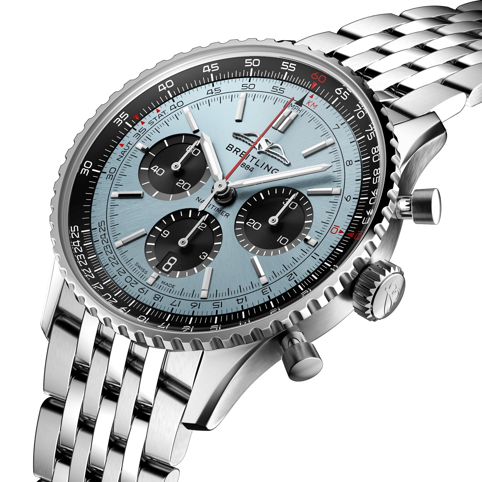 Close-up of the Breitling Navitimer B01 Chronograph 43, a stainless steel pilots watch featuring a light blue dial, three black subdials, and a metal link bracelet.