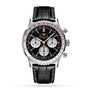The Breitling Navitimer B01 Chronograph 43 features a black dial with three subdials, the Breitling 01 calibre, a stainless steel case, and a black leather strap with white stitching.