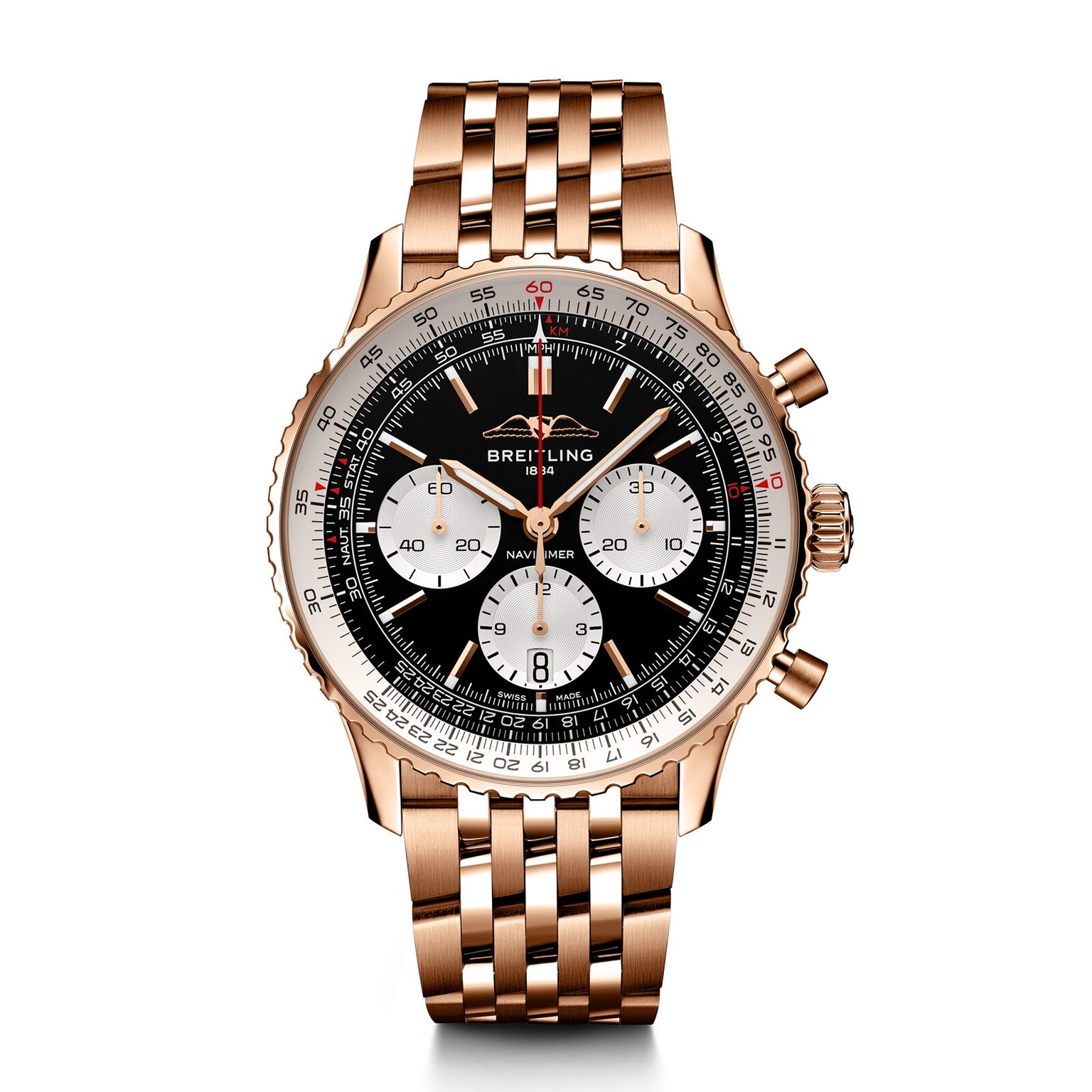A Breitling Navitimer B01 Chronograph 43 wristwatch with a rose gold case, black dial, three silver subdials, and metal link bracelet is displayed on a white background.
