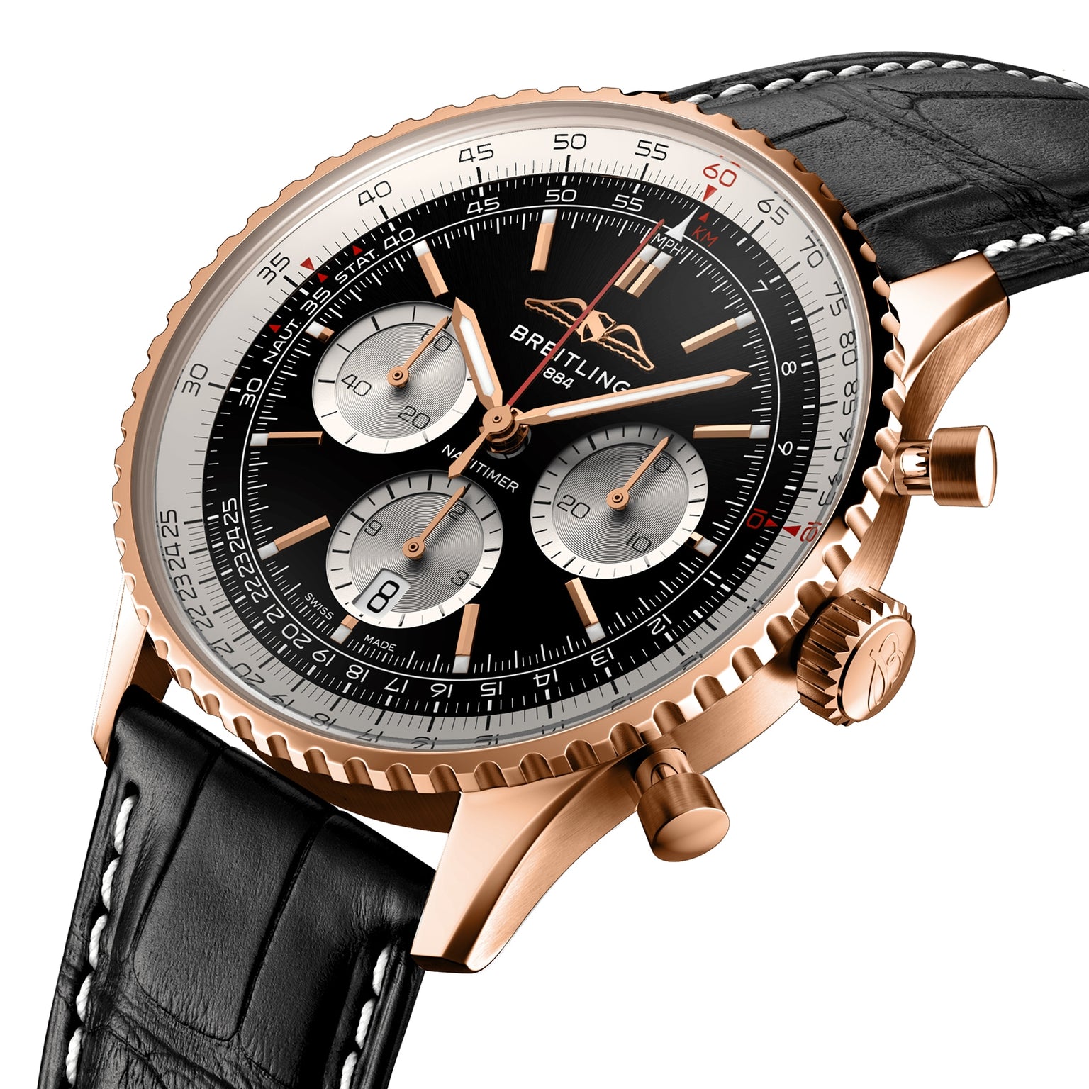 Close-up of the Breitling Navitimer B01 Chronograph 43, featuring a rose gold case, black dial with three subdials, and a black leather strap.