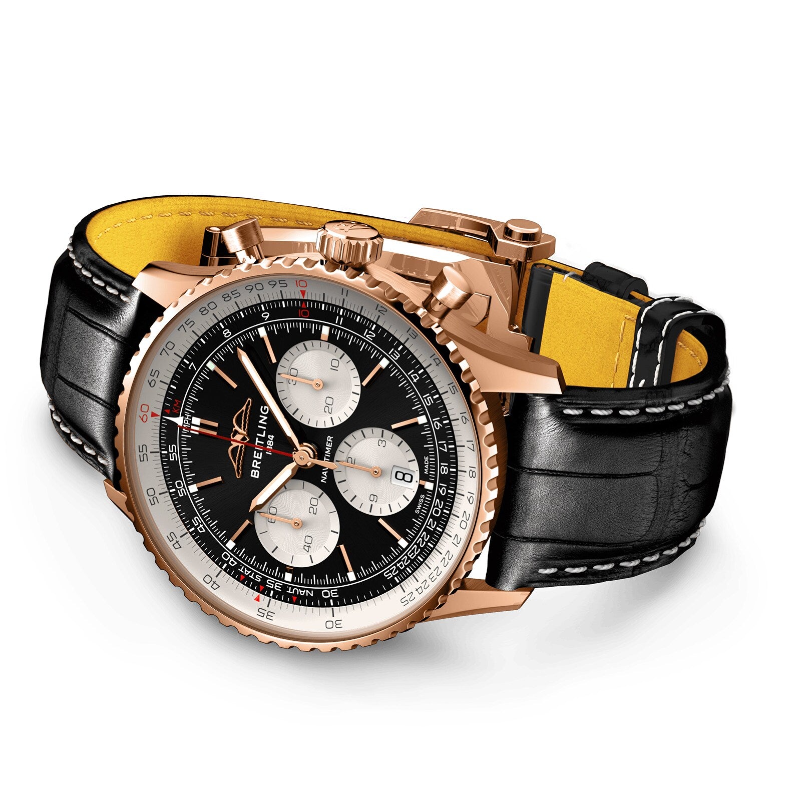 The Breitling Navitimer B01 Chronograph 43 features a black dial with three subdials, a rose gold case, and a black leather strap with yellow inner lining.