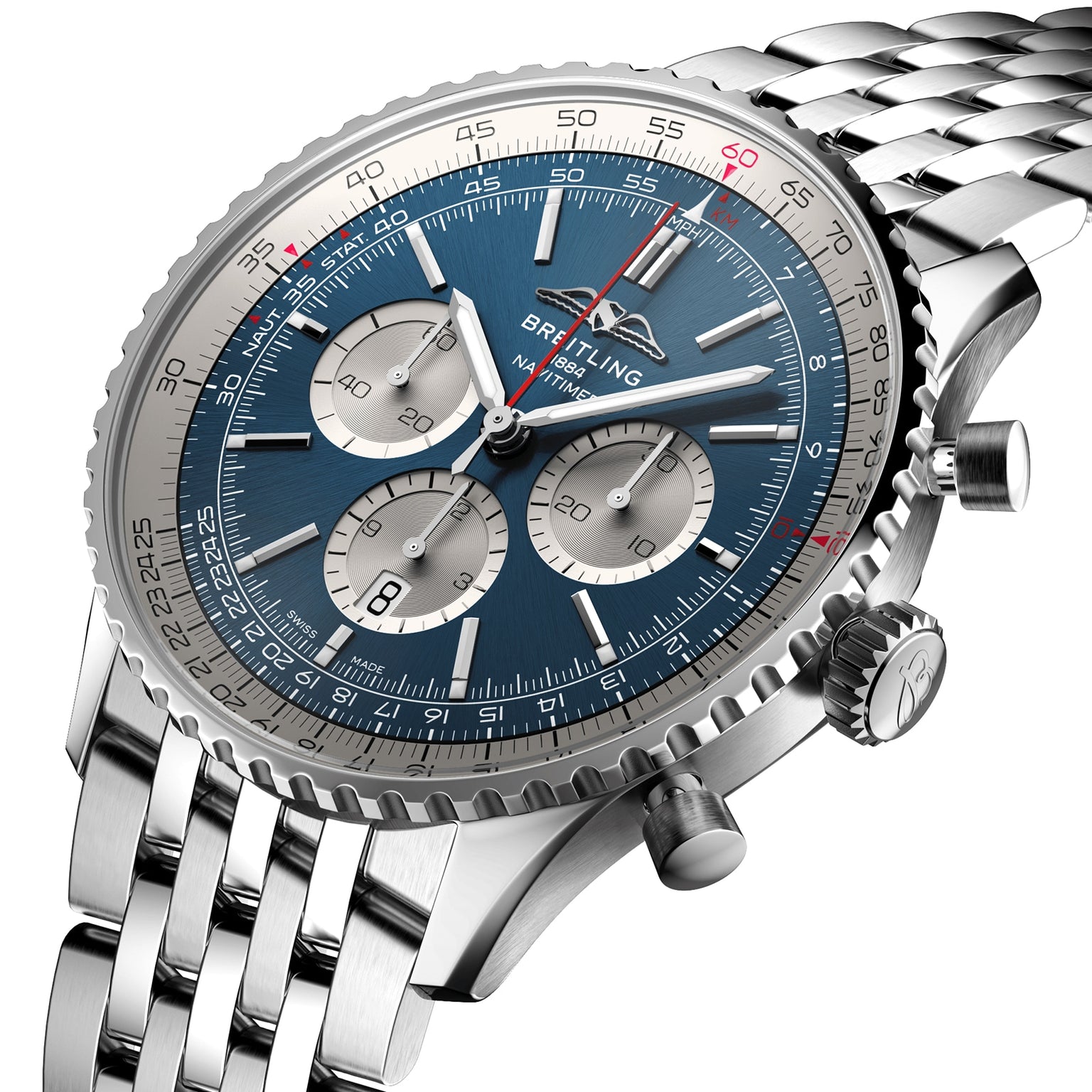 A close-up of the Breitling Navitimer B01 Chronograph 46, featuring a blue dial, silver chronograph subdials, stainless steel case, and metal link bracelet.