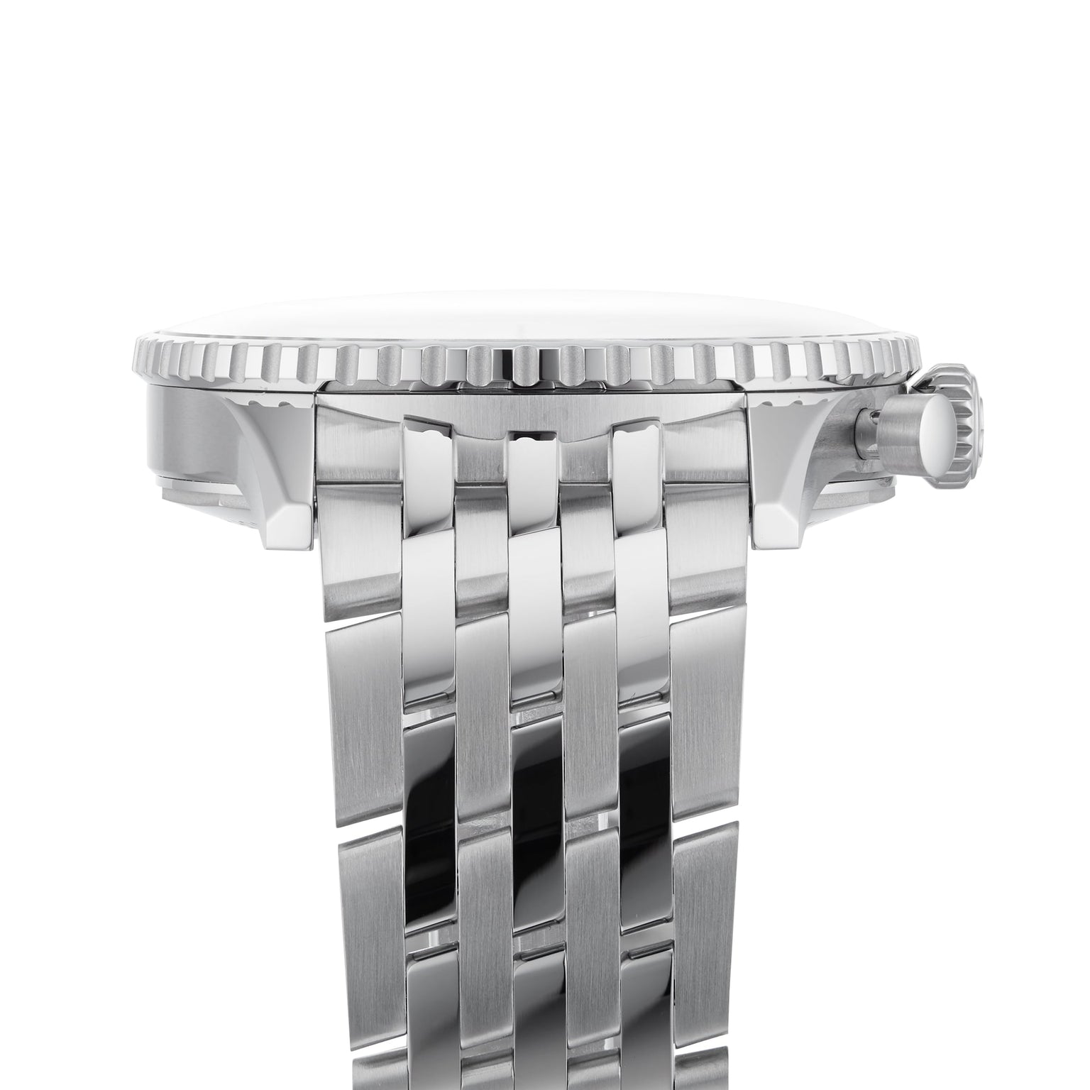 Side view of a silver metal Breitling Navitimer B01 Chronograph 46 pilots watch with a knurled bezel, crown, and multi-link bracelet shown against a white background.