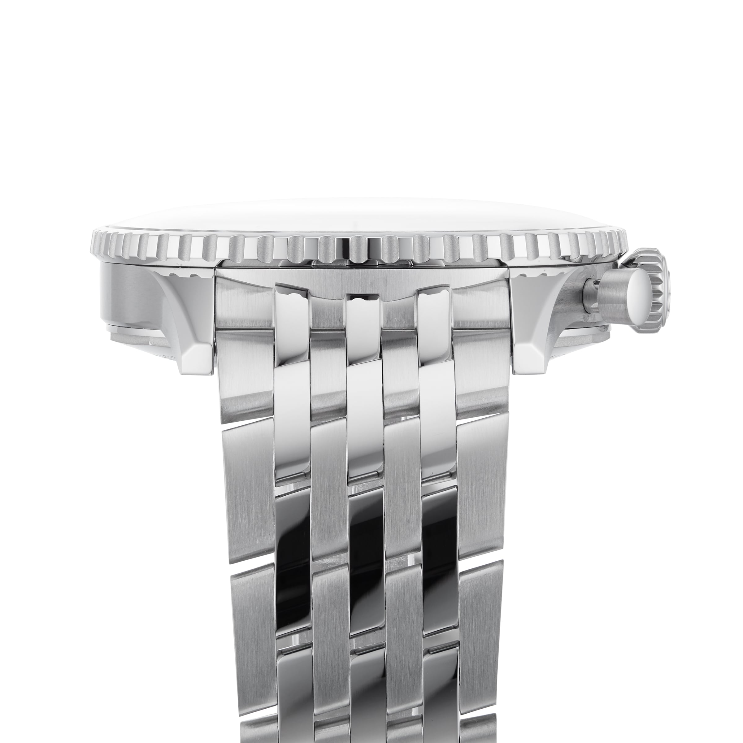 Side view of a silver metal Breitling Navitimer B01 Chronograph 46 pilots watch with a knurled bezel, crown, and multi-link bracelet shown against a white background.