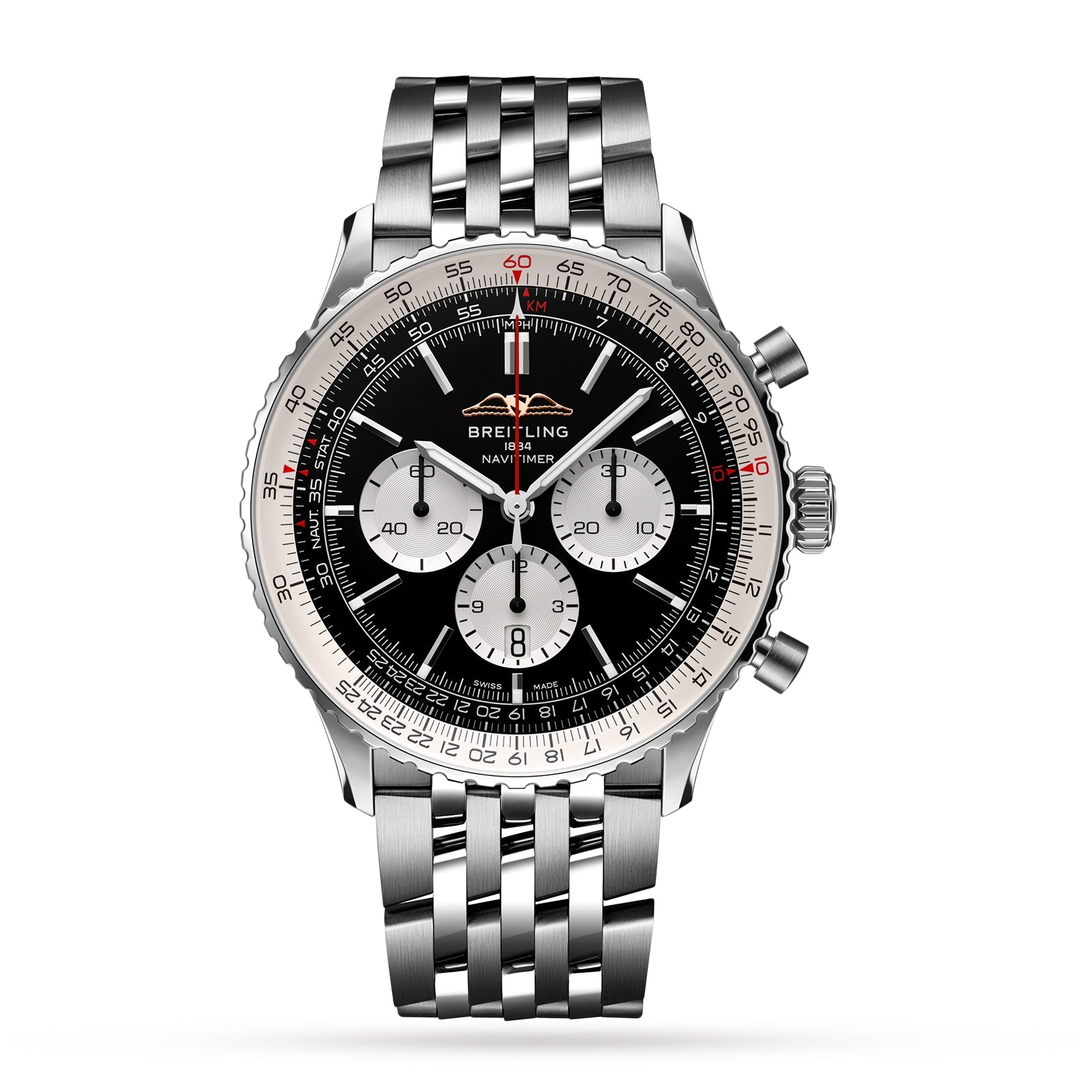 The Breitling Navitimer B01 Chronograph 46 is a stainless steel pilot’s watch with a black dial, three silver subdials, rotating bezel, metal bracelet, and the Breitling 01 calibre movement, shown against a white background.