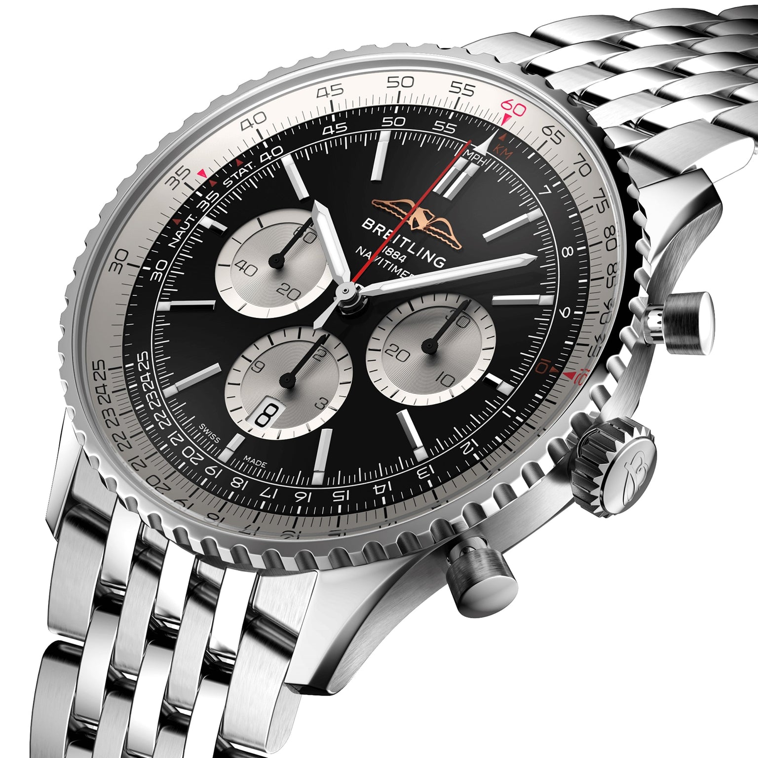 A close-up of the Breitling Navitimer B01 Chronograph 46, a stainless steel pilot’s watch featuring a black dial, three subdials, date display, and metal bracelet.