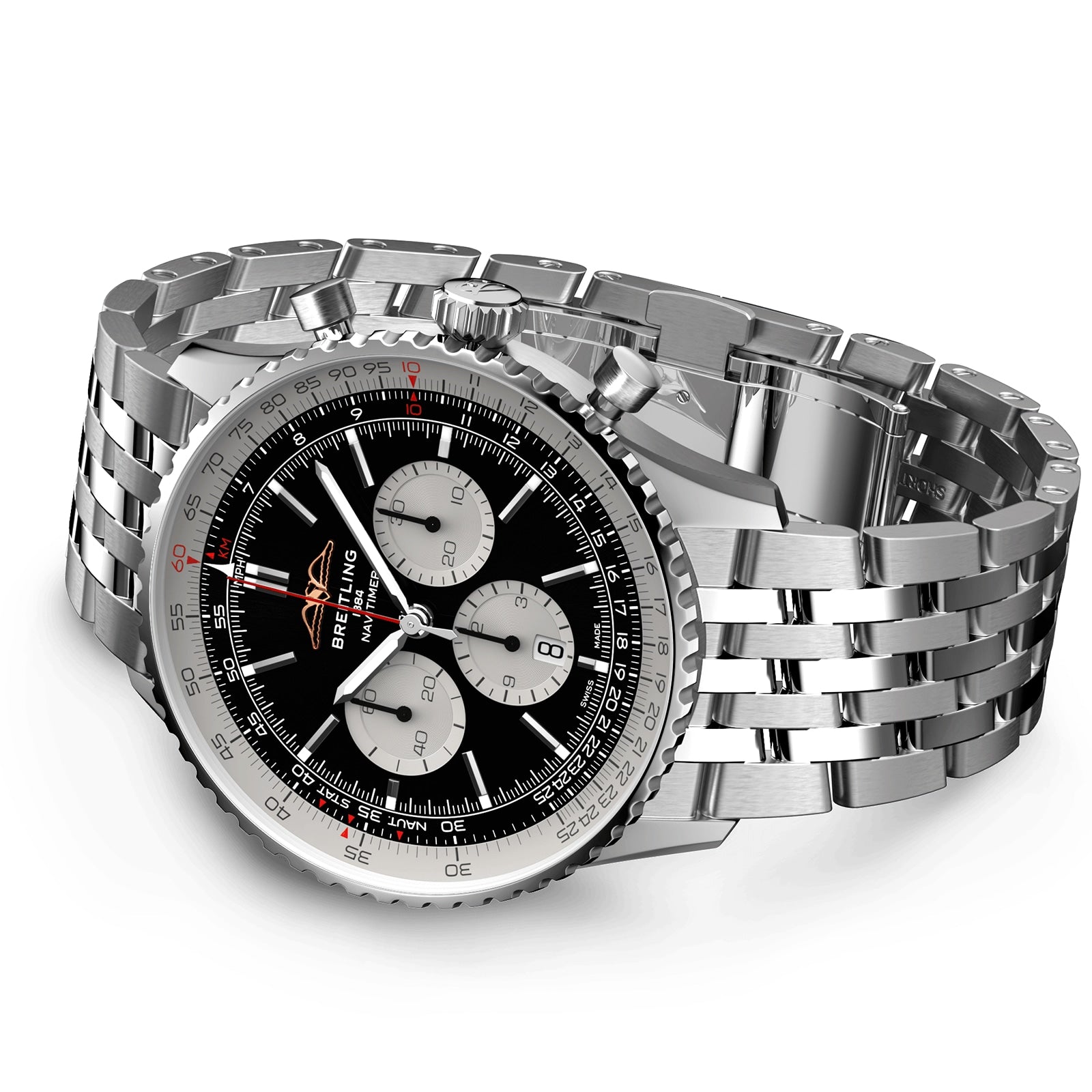 A Breitling Navitimer B01 Chronograph 46 wristwatch with a black dial, three subdials, and a stainless steel bracelet is displayed at an angle.