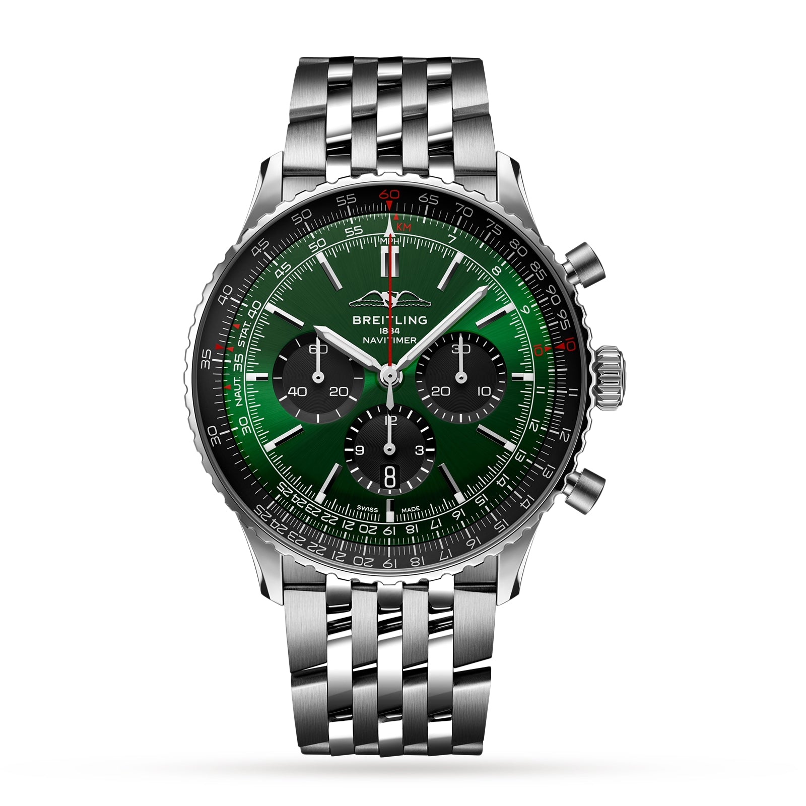 The Breitling Navitimer B01 Chronograph 46 features a stainless steel case, green dial with black subdials, silver hands, and metal bracelet. Its powered by the COSC-certified Breitling 01 calibre and shown on a plain white background.