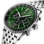 The Breitling Navitimer B01 Chronograph 46 is a stainless steel wristwatch with a green dial, three subdials, date window, COSC-certified chronometer rating, and a metal link bracelet.