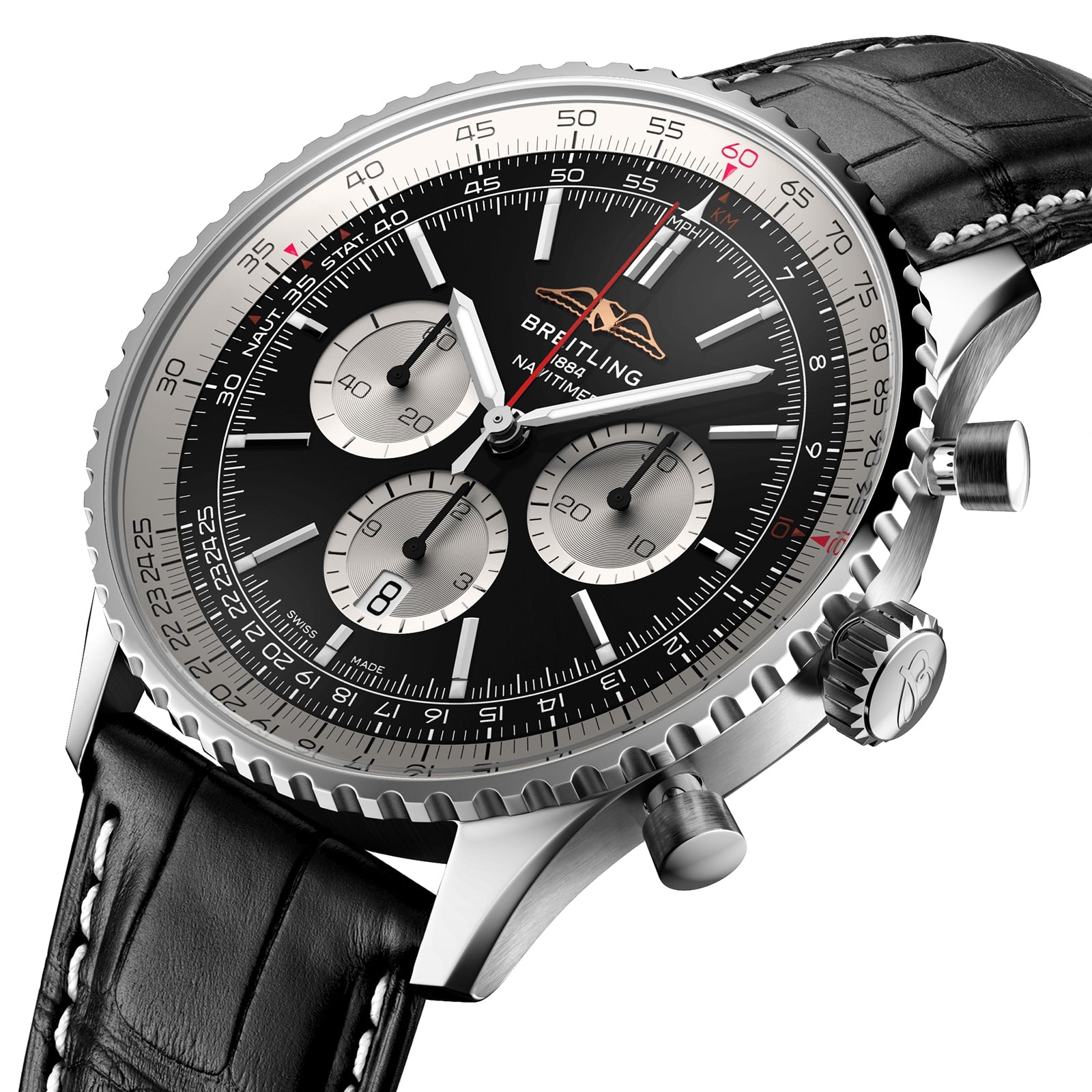 Close-up of a Breitling Navitimer B01 Chronograph 46 wristwatch featuring a black dial, three subdials, date window, and a black leather strap with white stitching.