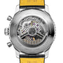 Close-up of the transparent case back of the Breitling Navitimer B01 Chronograph 46, highlighting its visible mechanical movement, intricate gears, and engraved branding details.