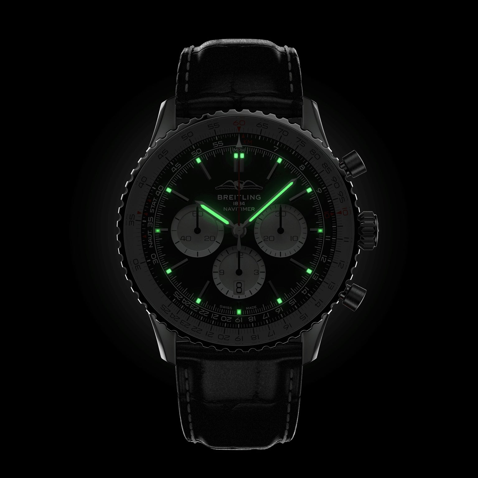 The Breitling Navitimer B01 Chronograph 46 features a black dial with glowing green hour markers and hands, three sub-dials, and a stitched leather strap, displayed against a black background.