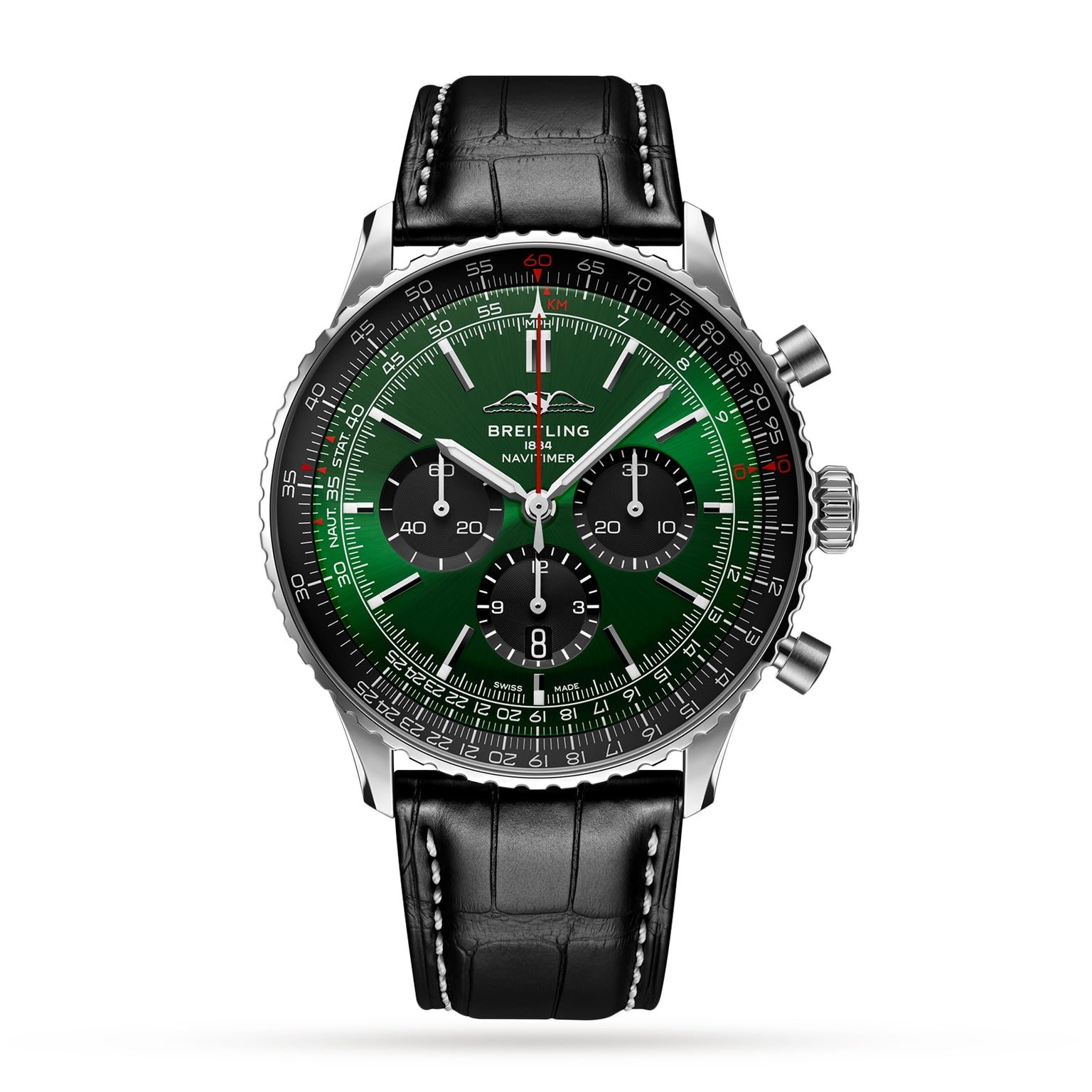 The Breitling Navitimer B01 Chronograph 46 features a green dial with black subdials, a stainless steel case, black leather strap, and is powered by the precise Breitling 01 calibre movement.
