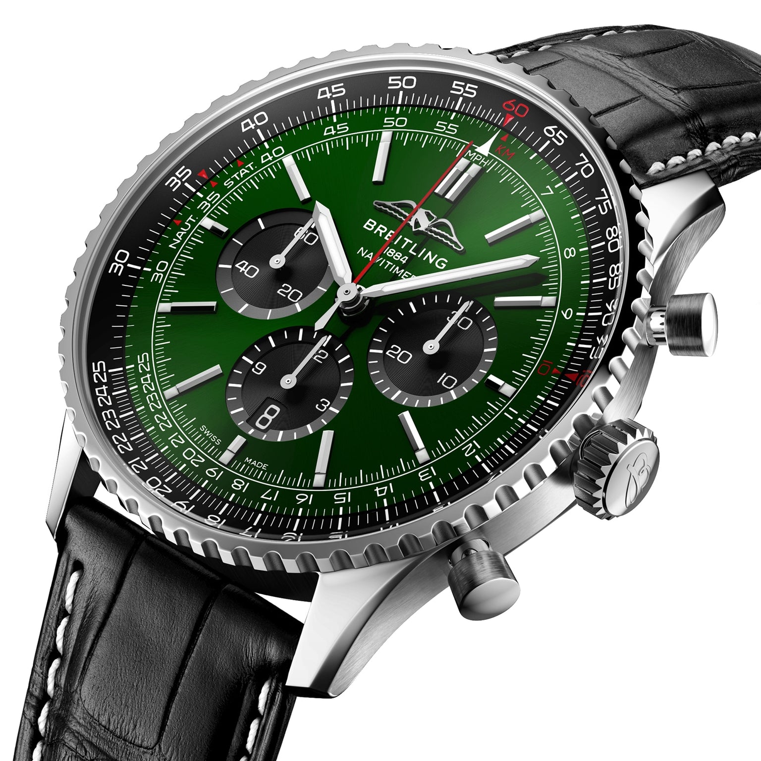 The Breitling Navitimer B01 Chronograph 46 is a stainless steel watch with a green dial, three subdials, date display, black leather strap, silver accents, and the renowned Breitling 01 calibre movement.