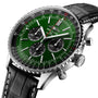 The Breitling Navitimer B01 Chronograph 46 is a stainless steel watch with a green dial, three subdials, date display, black leather strap, silver accents, and the renowned Breitling 01 calibre movement.