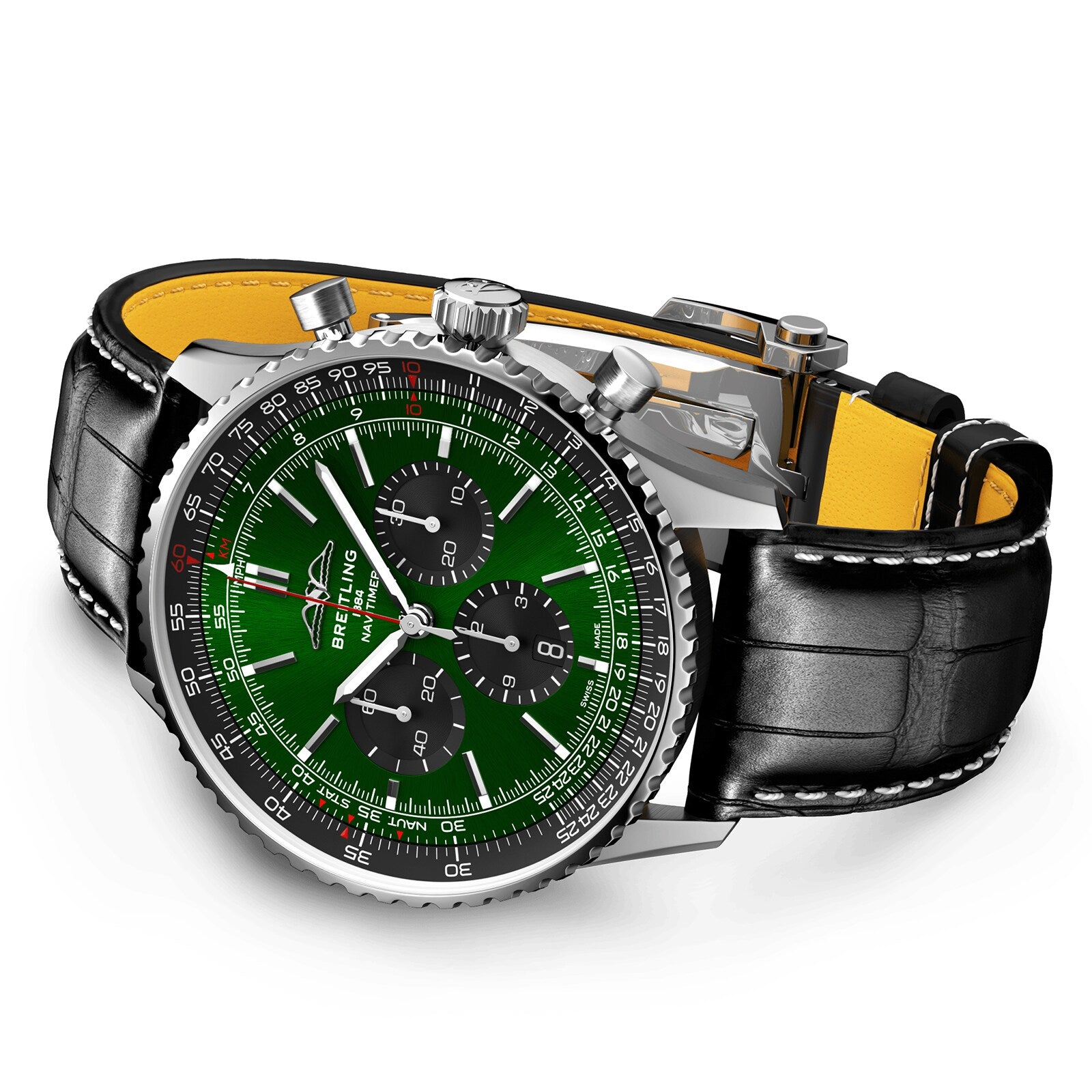 The Breitling Navitimer B01 Chronograph 46 features a green dial, three chronograph subdials, silver case, and a black leather strap with a yellow underside, presented at an angle.