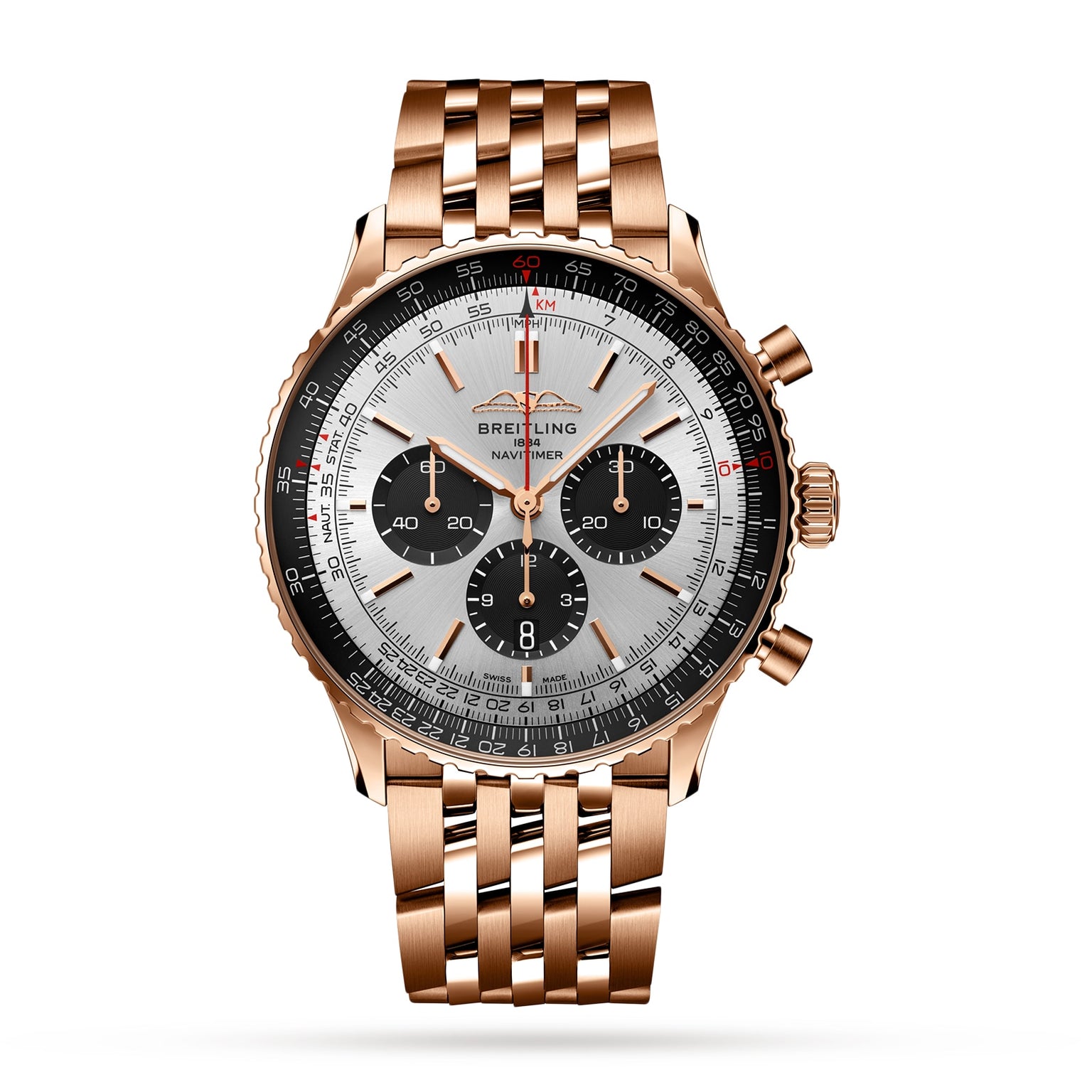 The Breitling Navitimer B01 Chronograph 46, a gold pilots watch with metal link band, black and silver dial, three subdials, and chronograph pushers, is displayed against a white background.