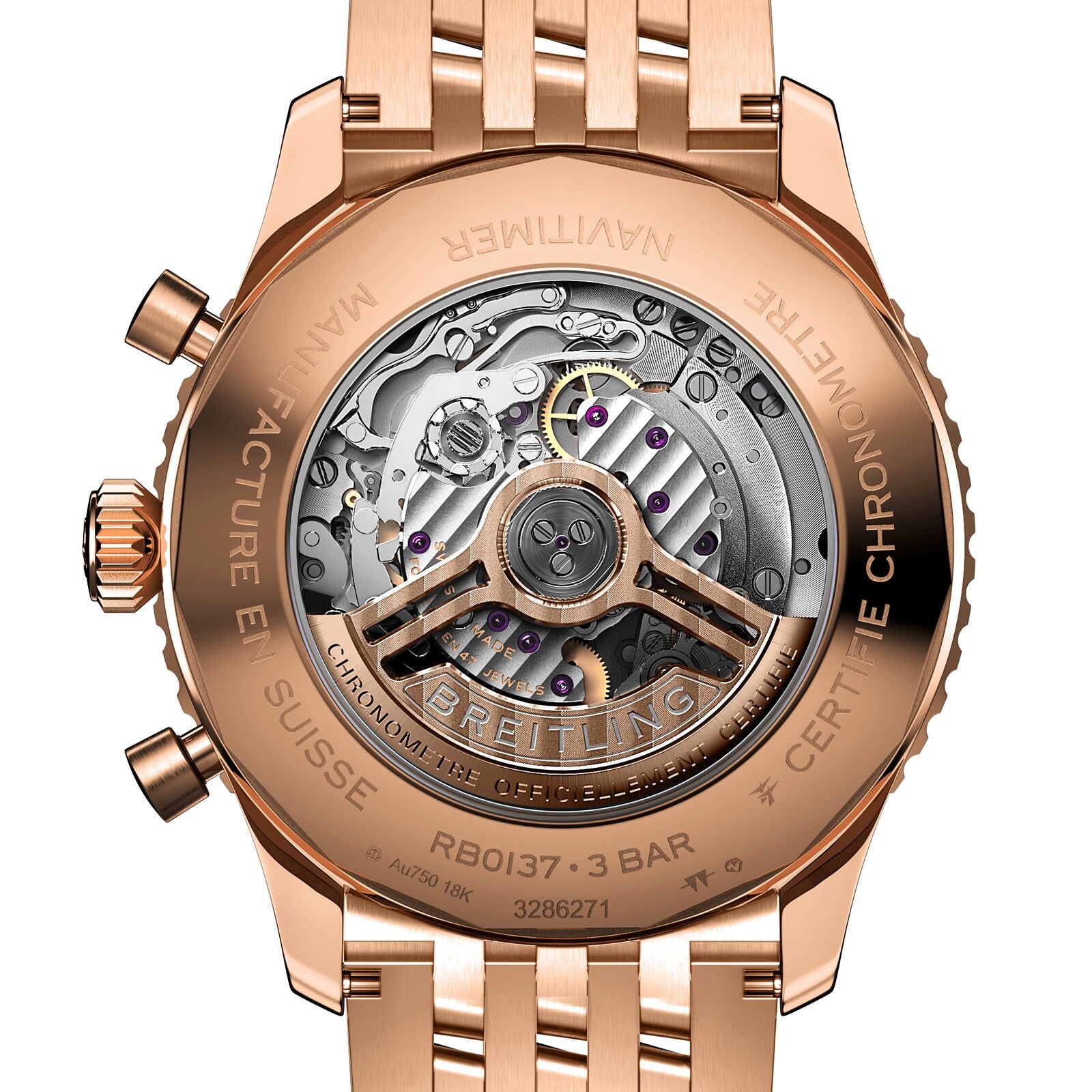 Close-up of the transparent case back on the Breitling Navitimer B01 Chronograph 46, highlighting the intricate Breitling 01 calibre movement and engraved gold details.