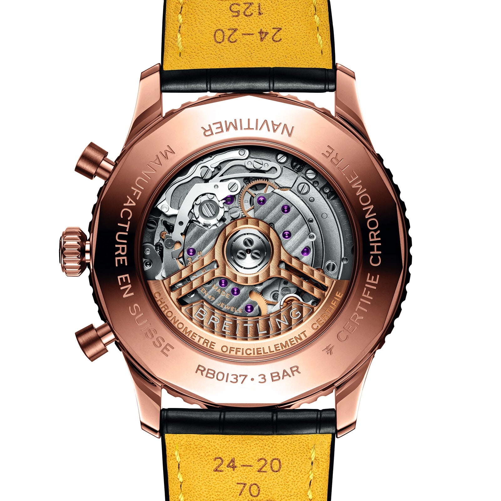 Close-up of the back of a Breitling Navitimer B01 Chronograph 46, showcasing its exposed Breitling 01 calibre movement, engraved details, and distinctive yellow leather strap.