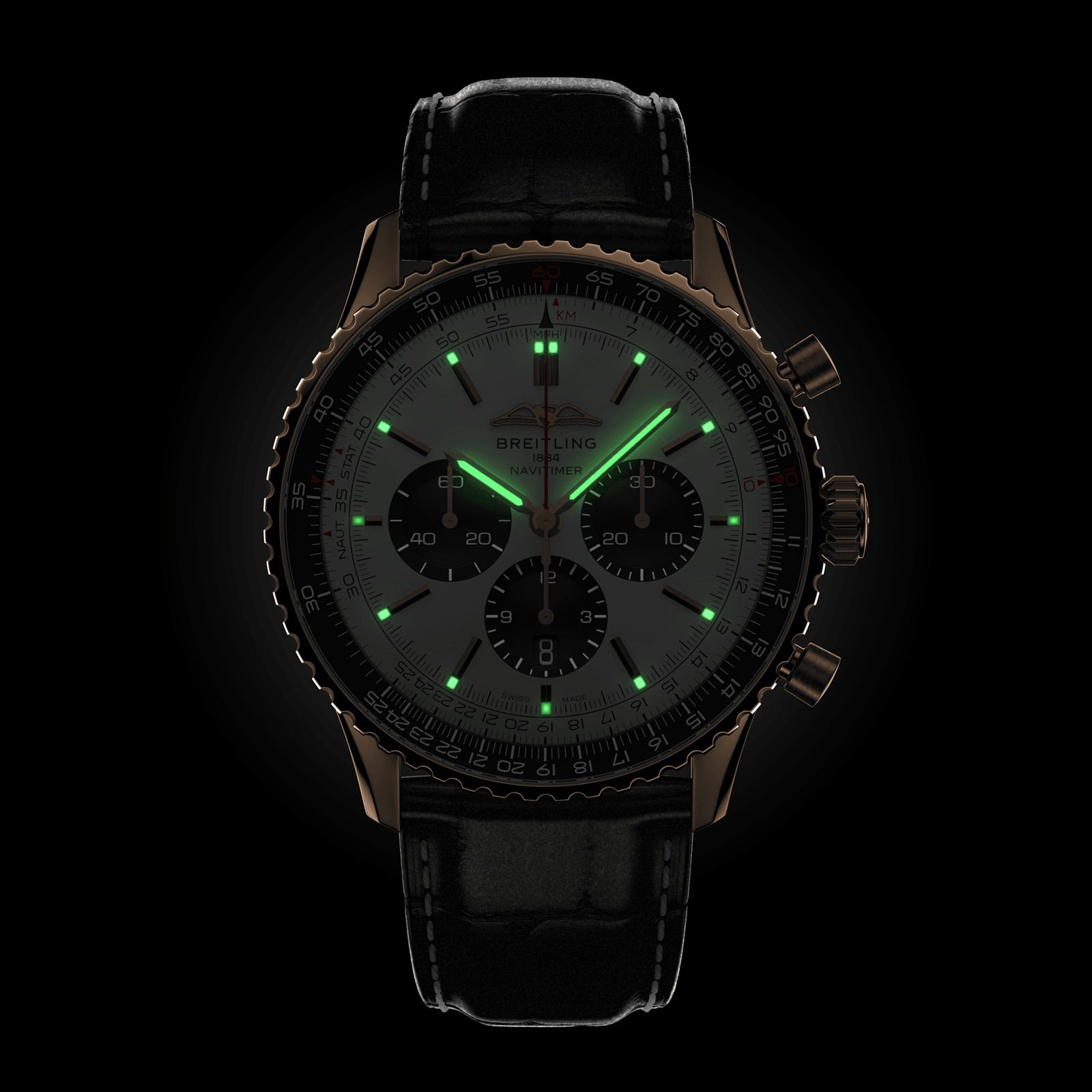 The Breitling Navitimer B01 Chronograph 46 is a black analog pilots watch with a leather strap, luminescent green markers and hands, classic Navitimer style, and powered by the celebrated Breitling 01 calibre.