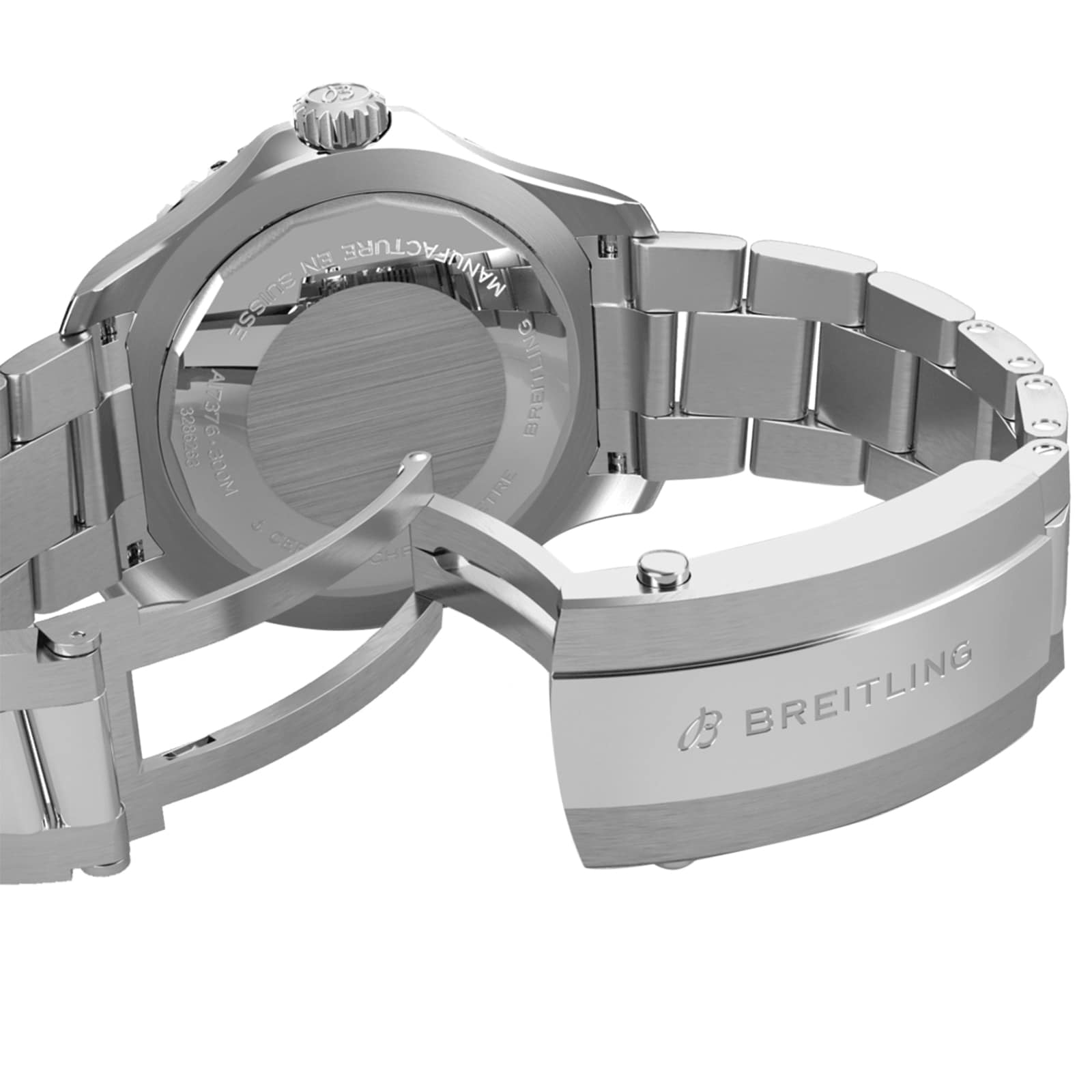 Close-up of the stainless steel Breitling Superocean Automatic 44 dive watch, highlighting the engraved logo and text on its open clasp and case back.