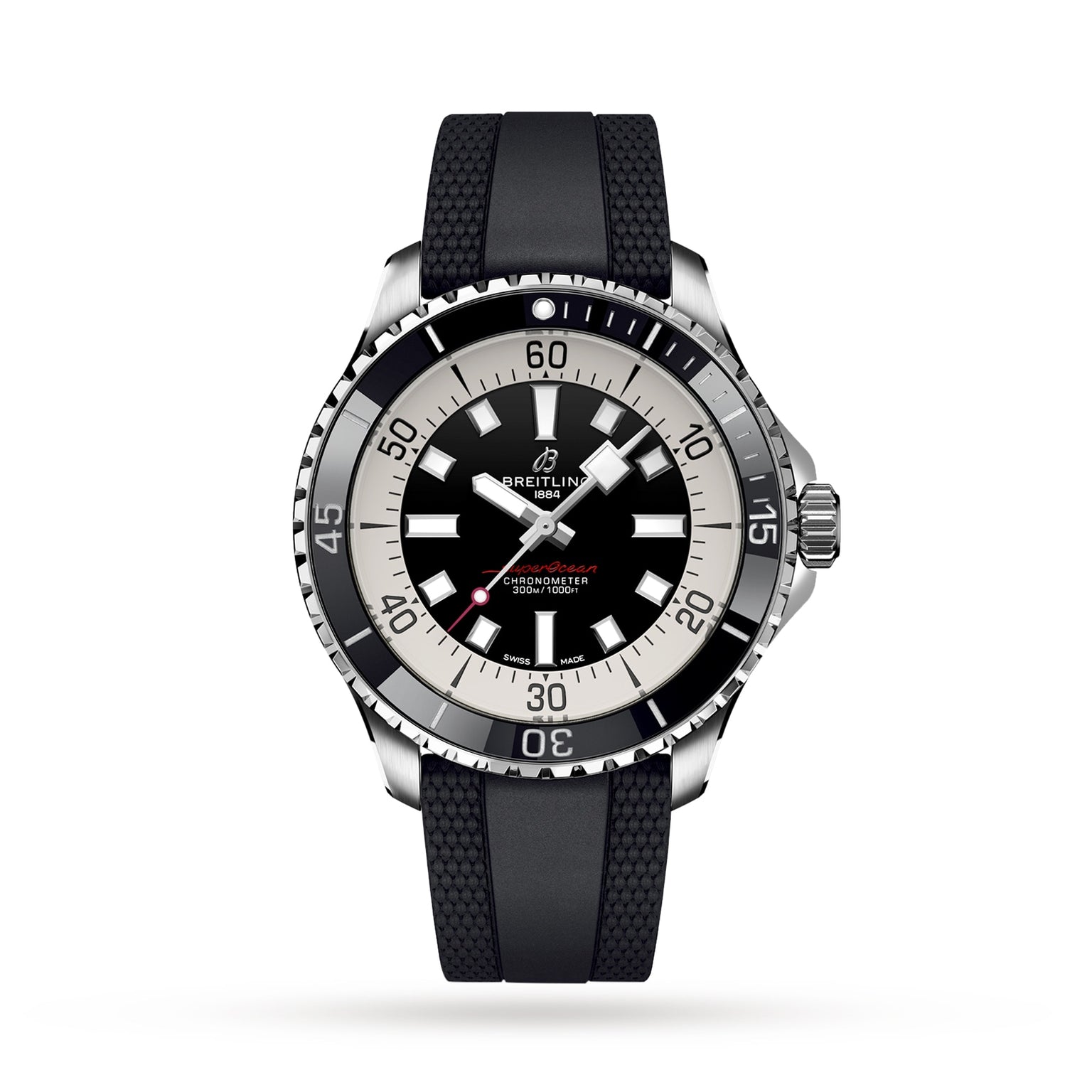 The Breitling Superocean Automatic 44, with a black and white dial, black bezel, silver case, and black rubber strap, is displayed on a white background.