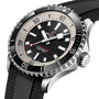 The Breitling Superocean Automatic 44 dive watch, shown at an angle, features a black dial with bold white markers, a stainless steel case, rotating bezel, black textured rubber strap, Breitling 17 calibre, and water resistance.