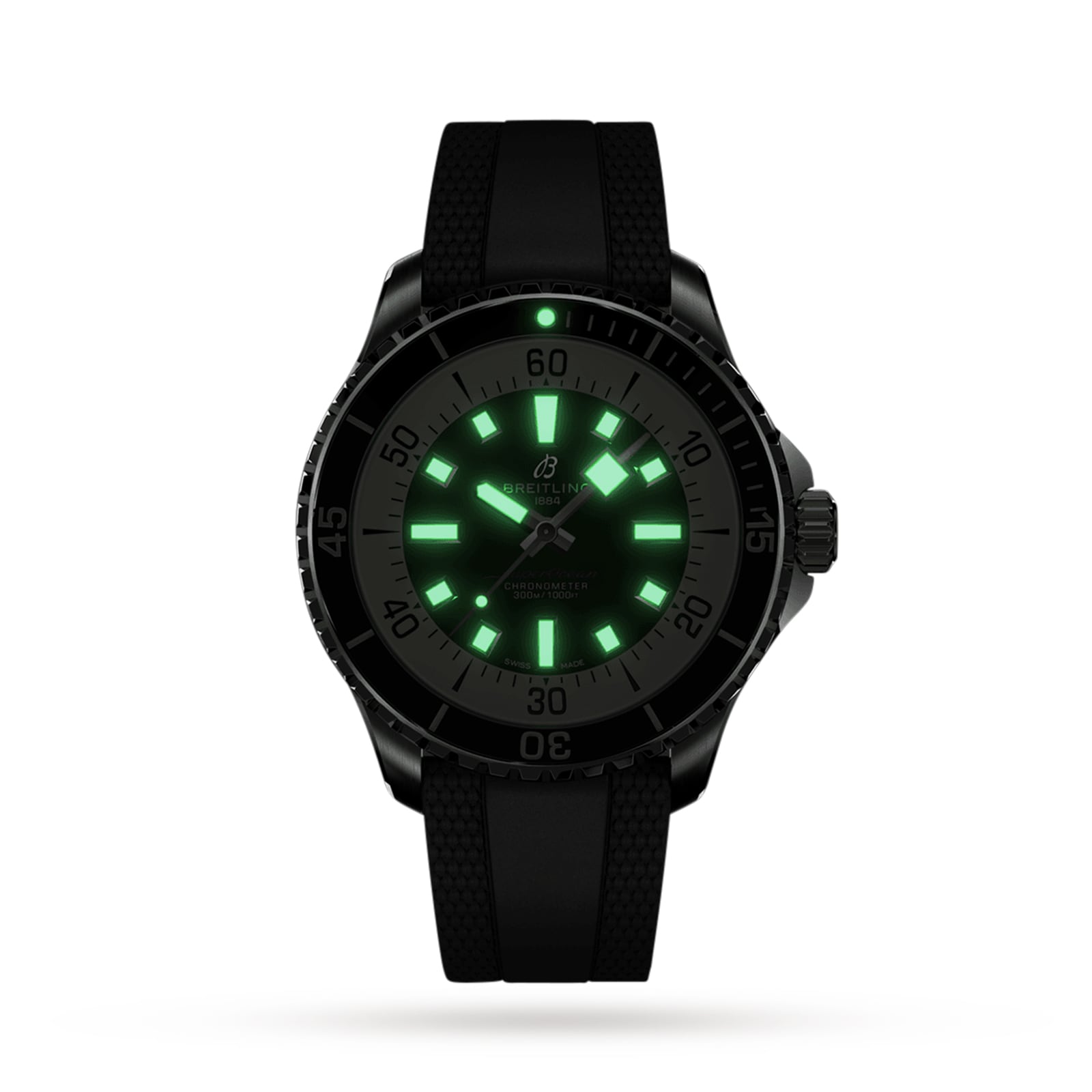 The Breitling Superocean Automatic 44 features a black case, bezel, and band, with a luminous green dial and hour markers. Powered by the Breitling 17 calibre movement, it is water resistant for enhanced durability. Shown against a white background.