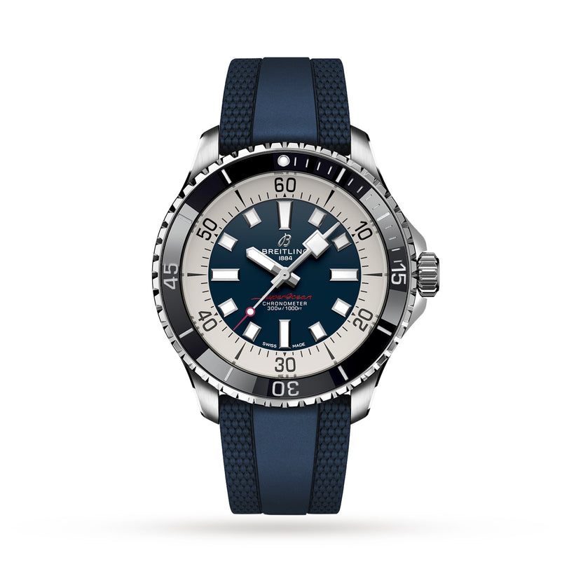 The Breitling Superocean Automatic 44 is a stainless steel dive watch with a blue dial, white markers, and a blue rubber strap, powered by the automatic Breitling 17 movement, shown against a white background.