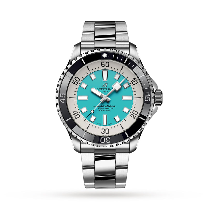 The Breitling Superocean Automatic 44, a stainless steel dive watch with a turquoise dial, black bezel, and silver hour markers, features automatic movement and water resistance. Displayed against a white background.